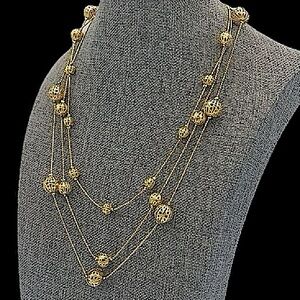 18” Avon Gold Toned Necklace Filigree Gold Bead Satellite Triple Strand NR stamp